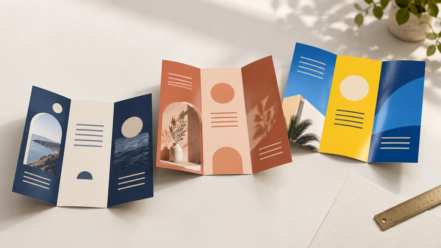 Three colorful folded brochures stand open on a sunlit white tabletop beside a metal ruler, textured paper, and a leafy plant.