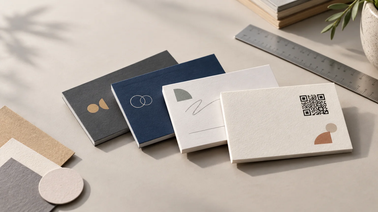 Four stacks of textured business cards in charcoal, navy, and white sit on a light desk beside paper swatches, a metal ruler, books, and a plant.