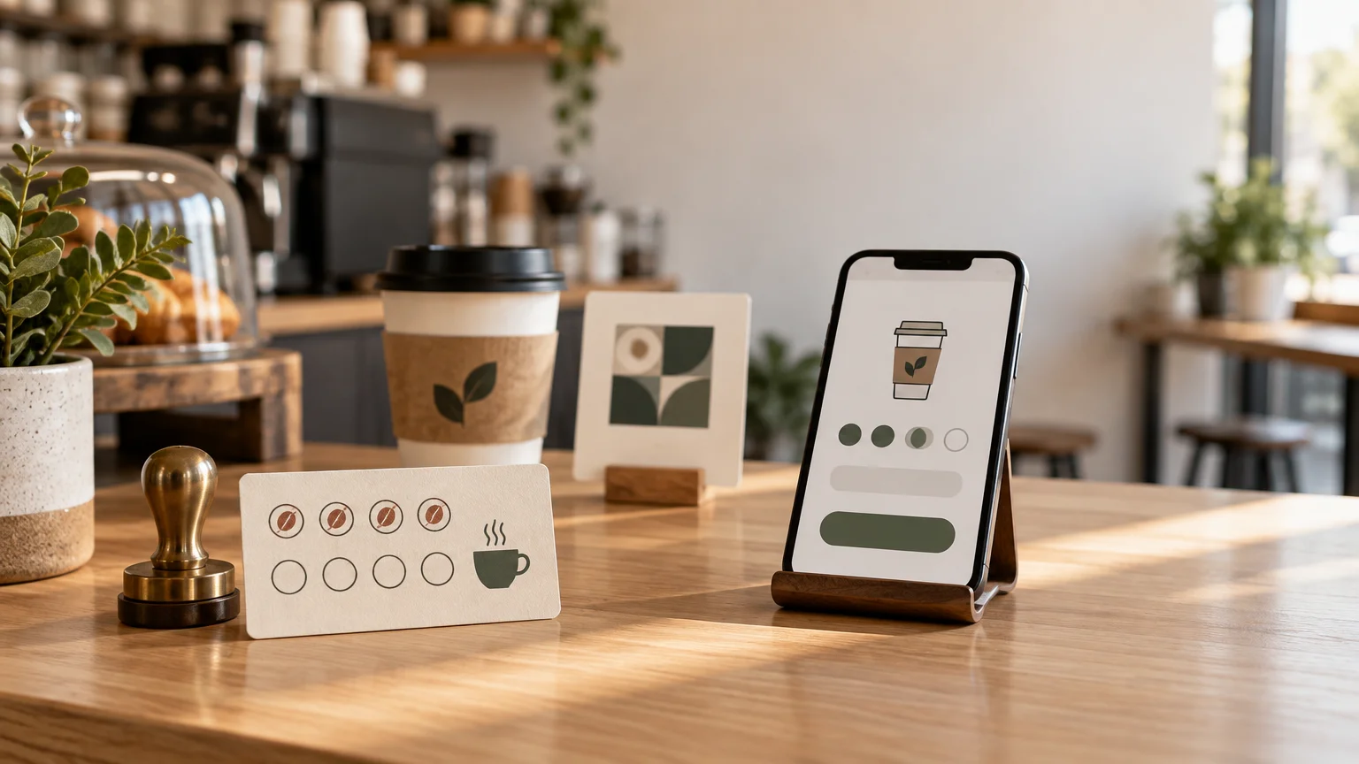 Coffee shop counter with a stamped paper loyalty card, brass stamp, branded takeaway cup, and smartphone displaying a simple digital coffee rewards screen.