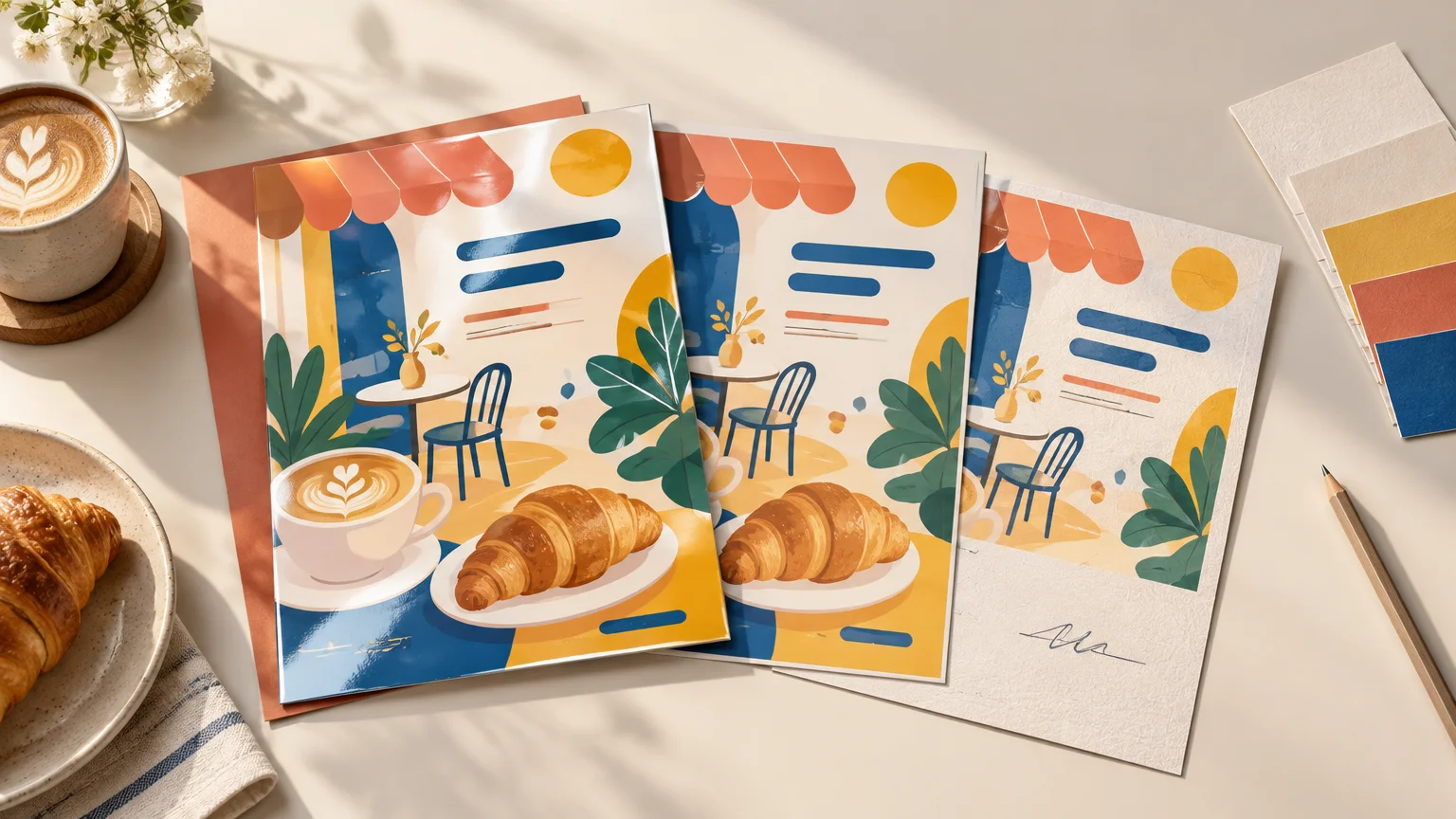 Three colorful café-themed flyers with croissant and coffee illustrations arranged on a sunlit table beside coffee, pastries, a pencil, and paper color swatches.