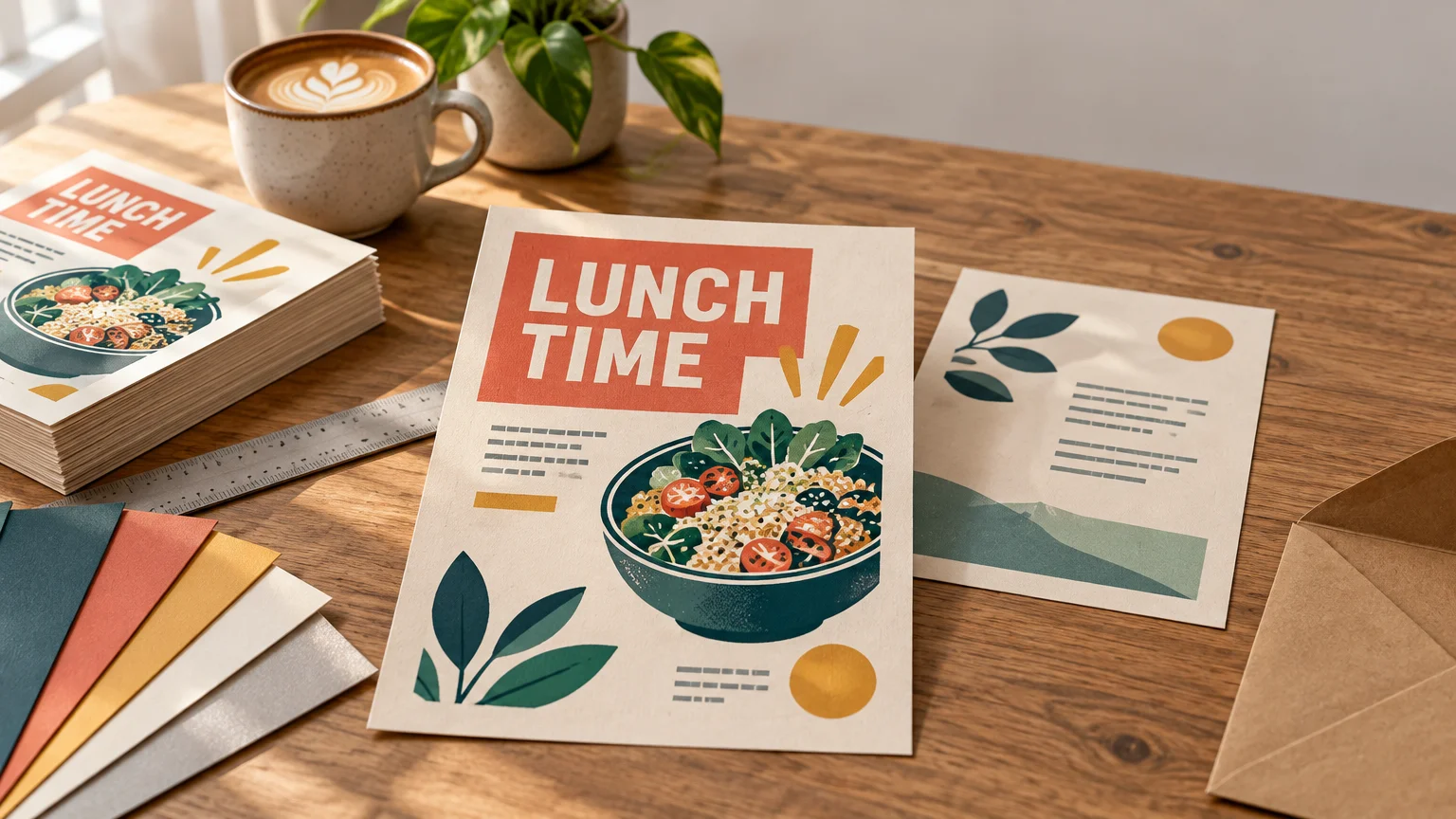 A tabletop arrangement of printed lunch-themed flyers, colored paper samples, a metal ruler, a coffee cup, a potted plant, and brown envelopes.