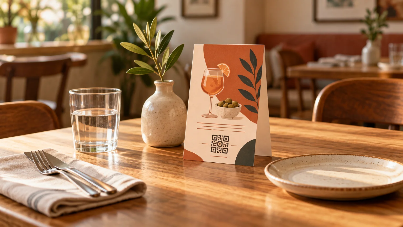 Warm restaurant table setting with a folded promotional table tent featuring an illustrated drink, olives, leaf pattern, decorative lines, and a QR code beside a water glass and small vase with greenery.