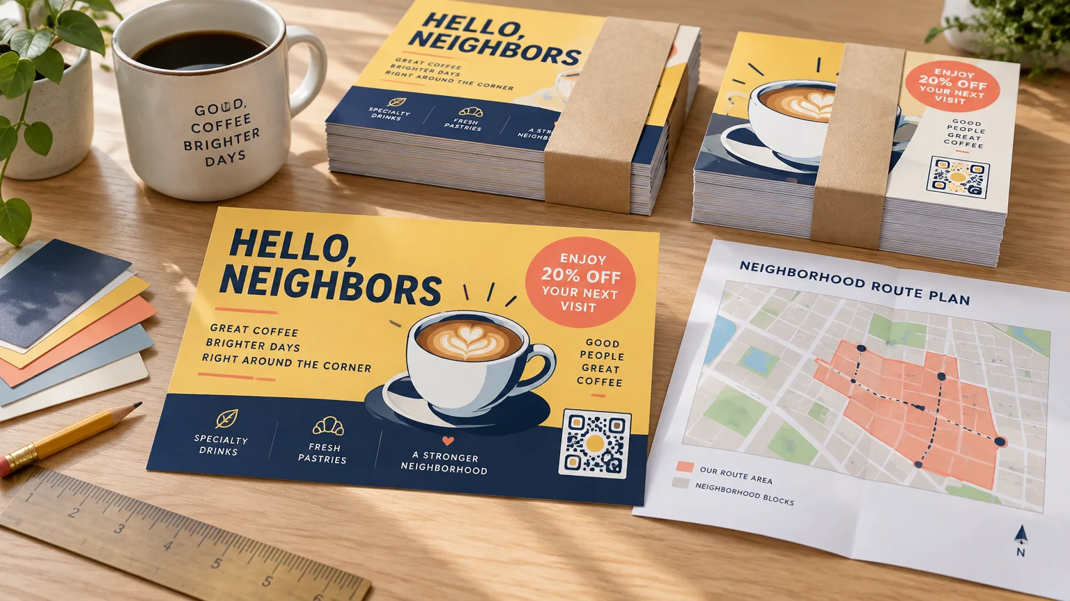 Coffee-shop direct-mail materials on a wooden table: bundled yellow coffee flyers, a large “Hello, Neighbors” promotional postcard with a cup illustration and QR code, and a neighborhood route map beside a coffee mug and stationery.