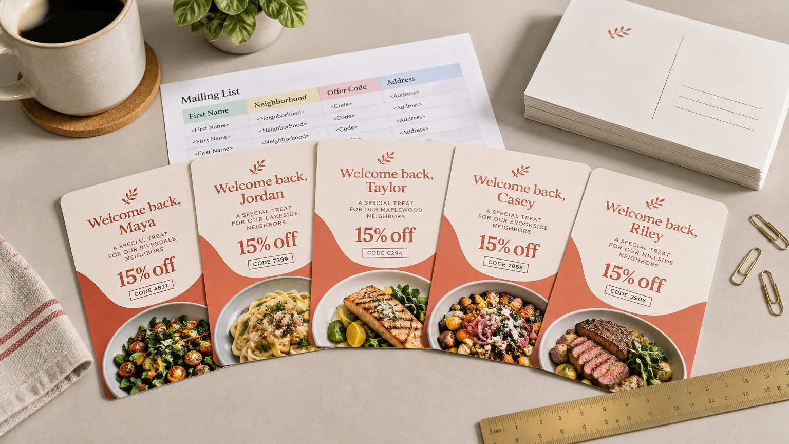 Tabletop scene with four personalized restaurant discount flyers for Maya, Jordan, Taylor, Casey, and Riley, alongside a mailing-list sheet, stacked addressed postcards, coffee, plant, ruler, and paper clips.