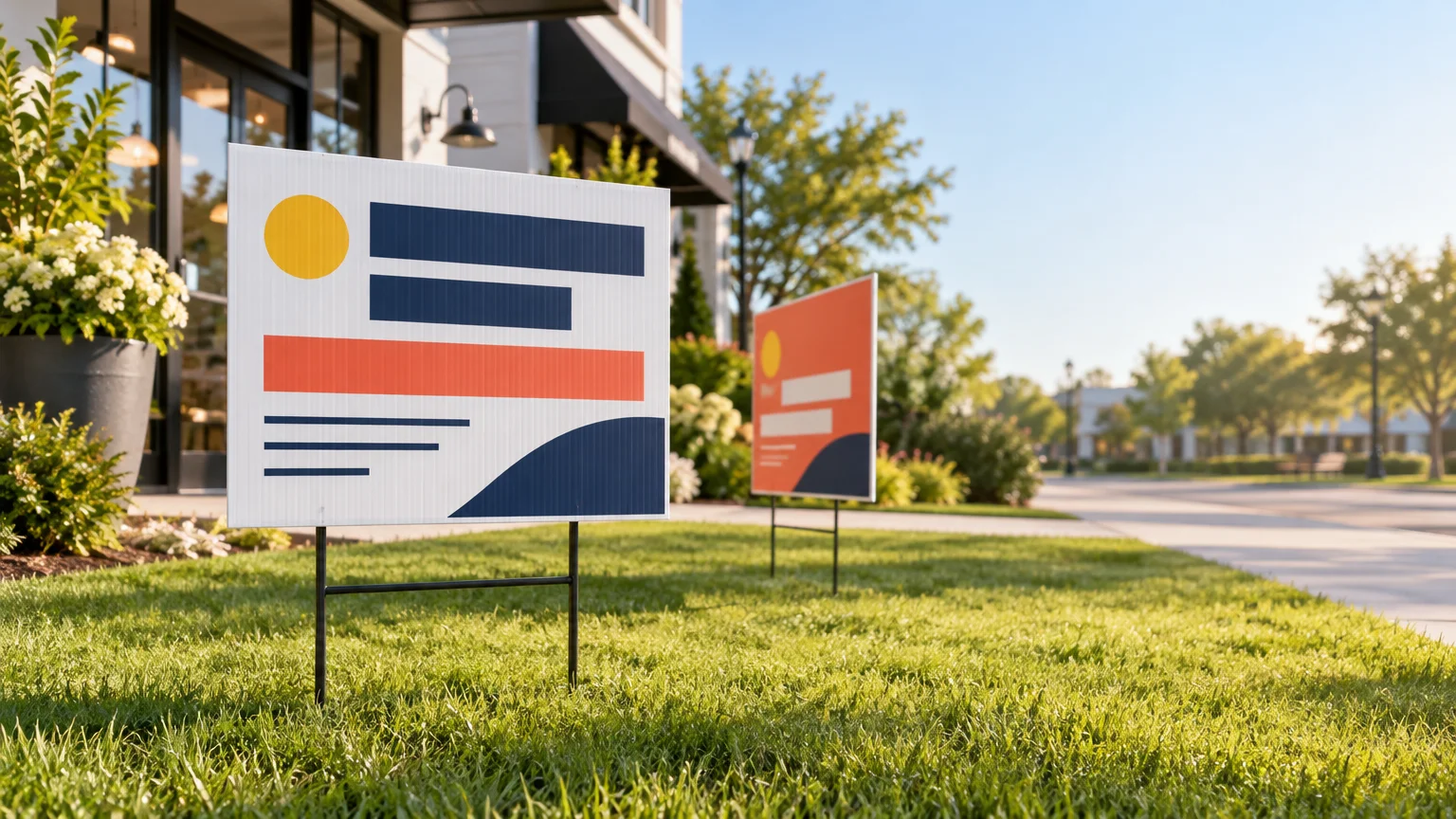 Two corrugated yard signs on metal stakes in a landscaped lawn outside a storefront, featuring abstract navy, orange, and yellow placeholder-style graphics.